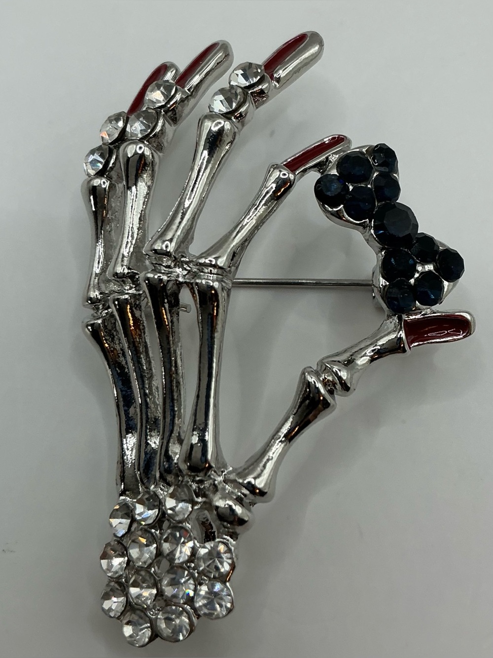 SILVER TONE BLACK CLEAR RHINESTONE SKELETON HAND BOW BROOCH PENDANT COMBO NWOT